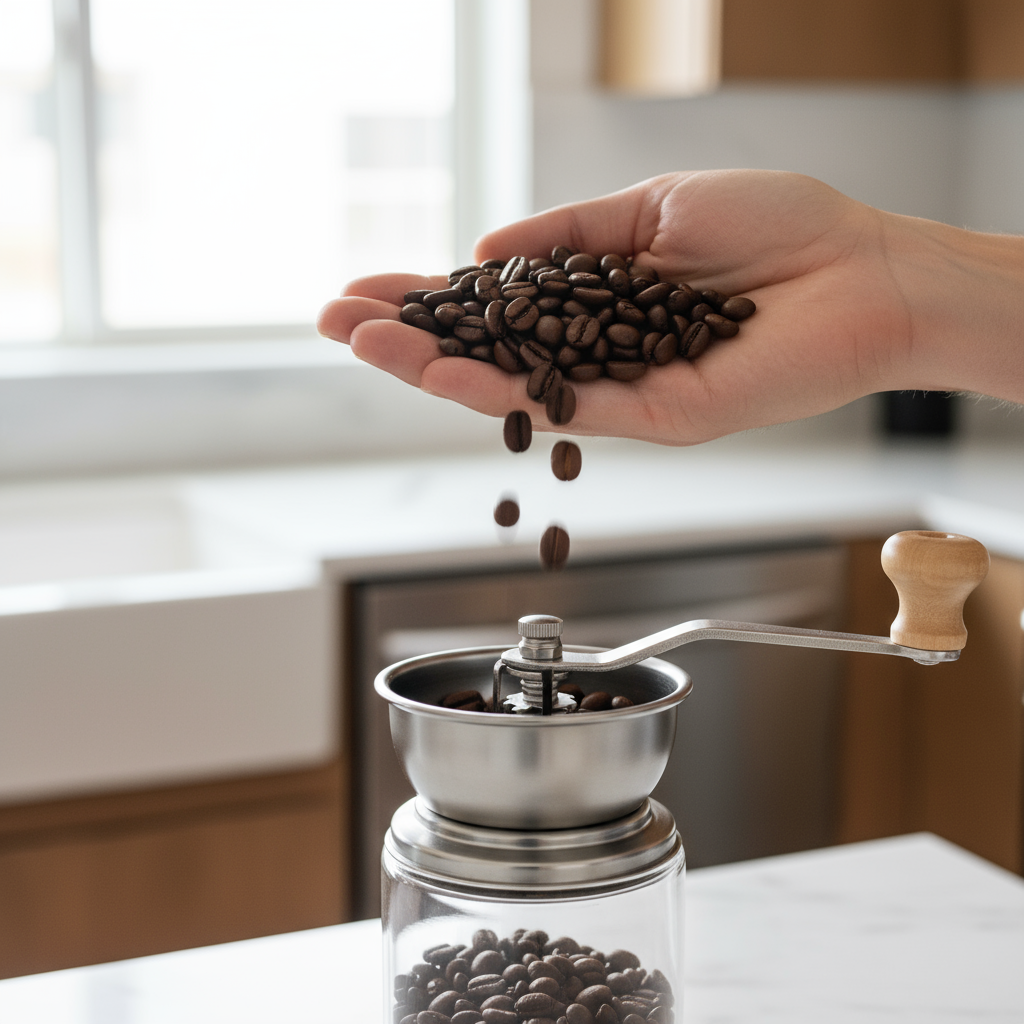 Photo professionnelle d'une main tenant une poignée de grains de café frais au-dessus d'un moulin à café manuel en acier, avec un arrière-plan flou de cuisine moderne, lumière naturelle, détails précis des grains