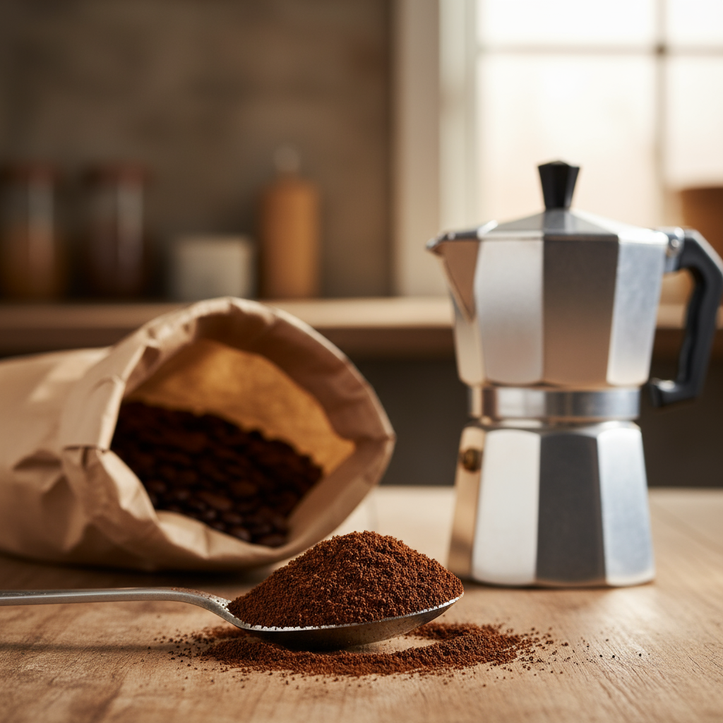 Photo réaliste d'une cuillère en bois remplie de café moulu fin, avec un paquet de café ouvert en arrière-plan flou et une cafetière italienne Moka Pot, lumière douce et chaleureuse, haute résolution
