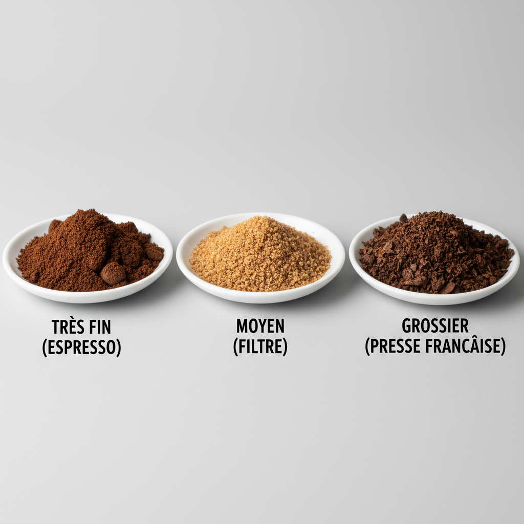 Tableau comparatif visuel montrant trois tas de café moulu de différentes finesses : très fin (expresso), moyen (filtre), et grossier (presse française), avec des étiquettes claires pour chaque type. Fond neutre, éclairage studio, haute qualité