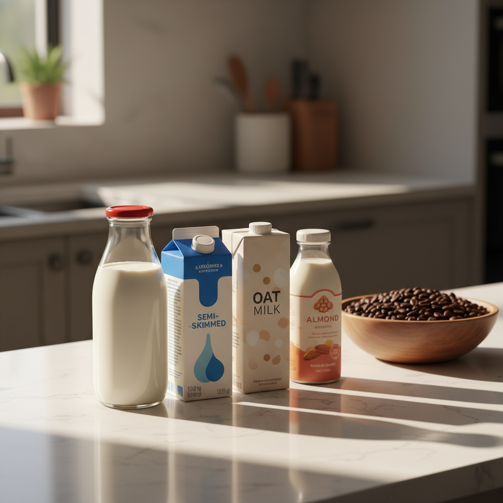 Photo professionnelle d'une sélection de différentes bouteilles de lait (entier, demi-écrémé, avoine, amande) alignées sur un comptoir de cuisine moderne, avec un bol de grains de café en arrière-plan, lumière d'ambiance chaleureuse