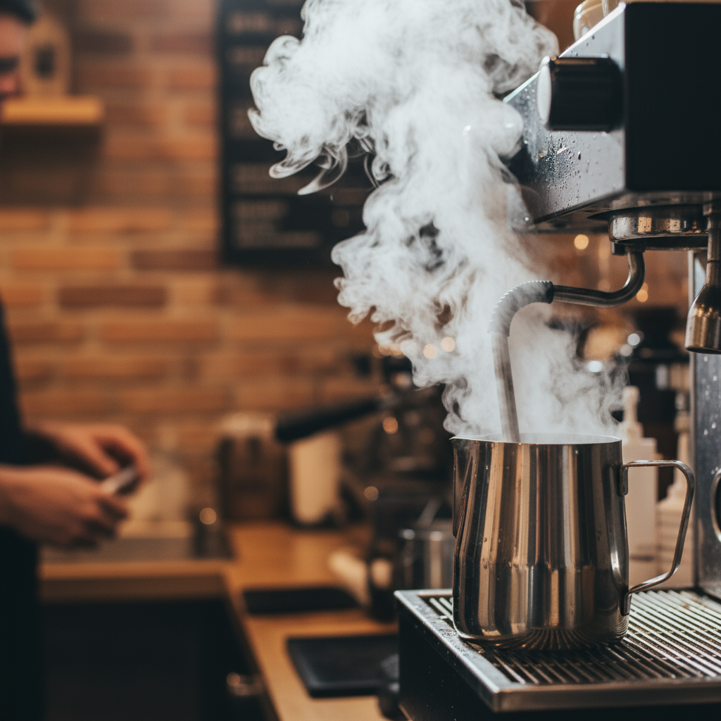 Gros plan photo réaliste d'une lance vapeur de machine à expresso professionnelle en action, de la vapeur s'échappe, avec un pichet à lait en acier inoxydable brillant en dessous, dans un café specialty, profondeur de champ