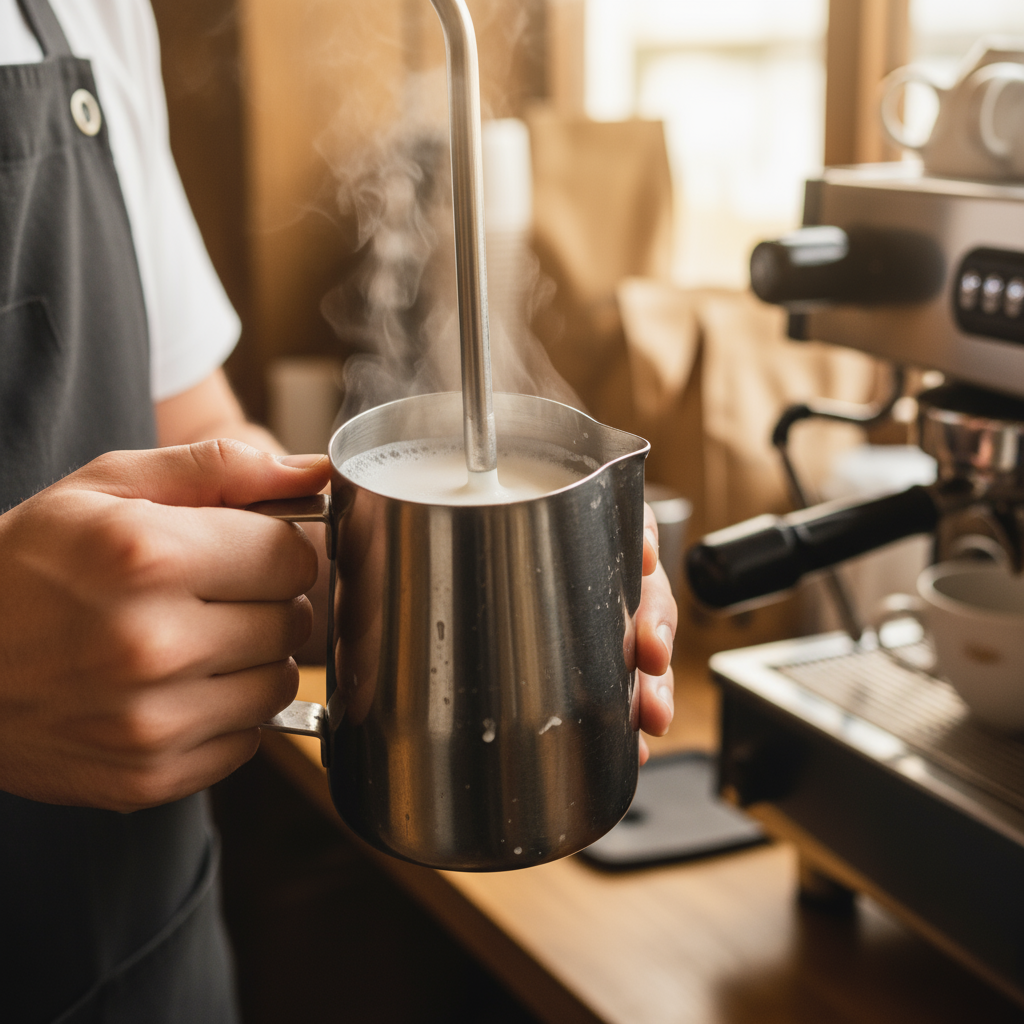Photo réaliste montrant la main d'un barista tenant un pichet à lait en acier inoxydable, la lance vapeur de la machine à expresso immergée dans le lait créant un tourbillon parfait, un fond flou de café, lumière d'ambiance