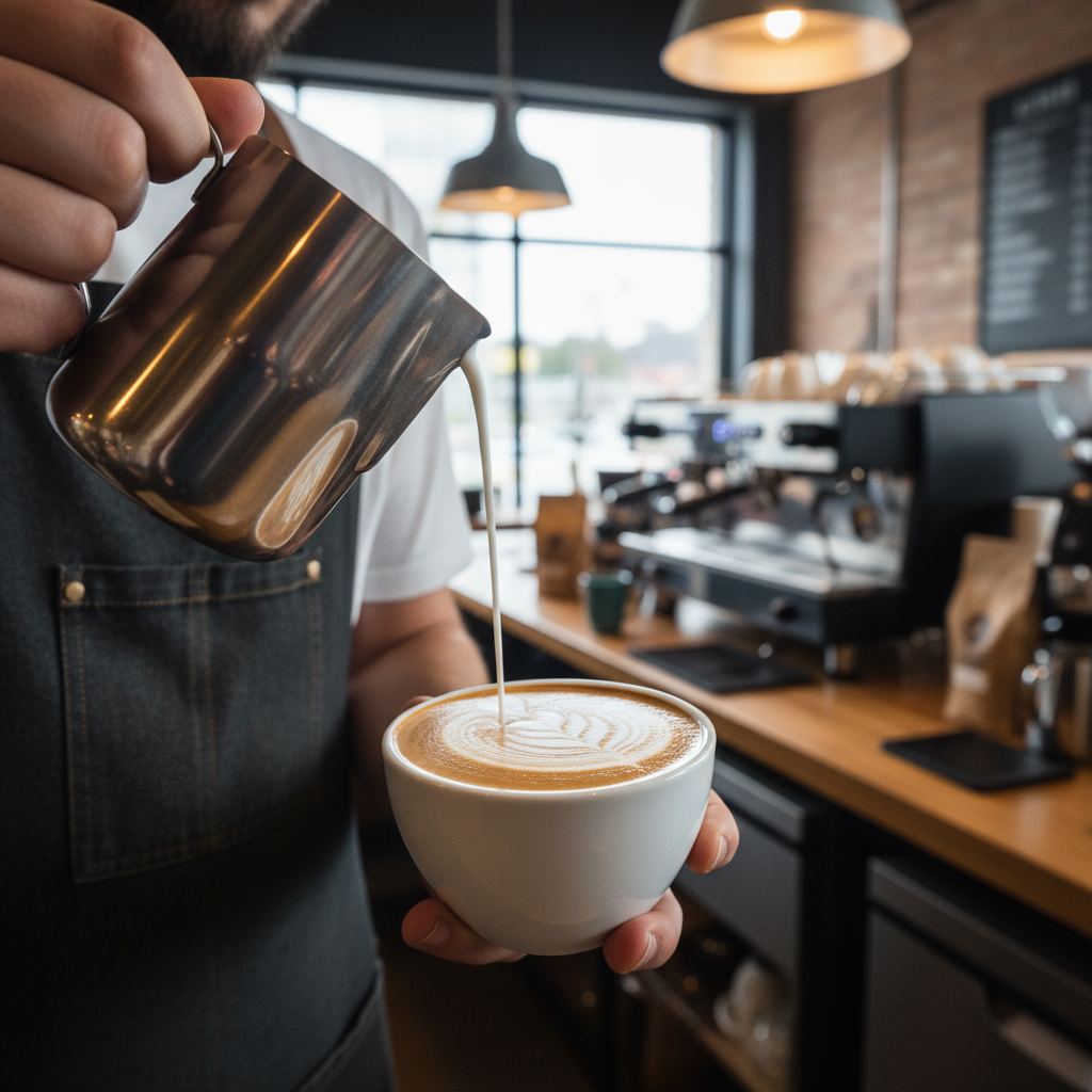 Photo professionnelle d'un barista créant un latte art complexe (rosette) dans une tasse de cappuccino, le mouvement du lait est figé, les détails du dessin sont nets, les mains du barista sont en action, dans un environnement de café moderne